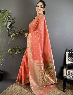 Peach floral zari tissue designer paithani saree 2