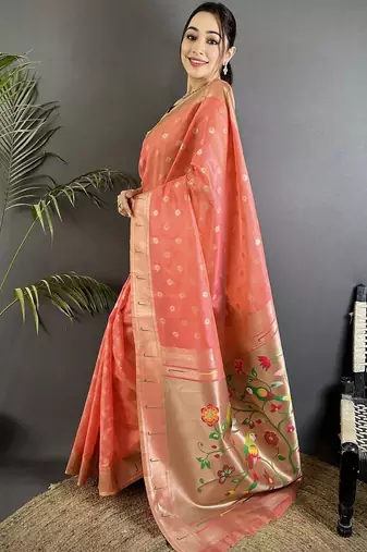 Peach floral zari tissue designer paithani saree