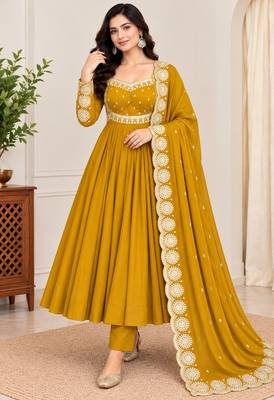 Mustard roman silk readymade anarkali suit with embroidery & sequence work 1