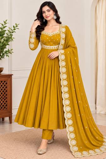Mustard roman silk readymade anarkali suit with embroidery & sequence work