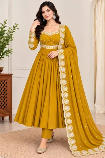 Mustard roman silk readymade anarkali suit with embroidery & sequence work