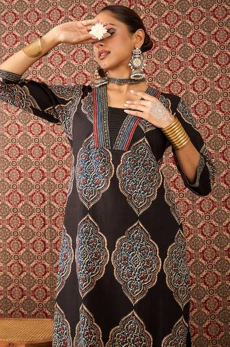 Black printed cotton kurta trouser set