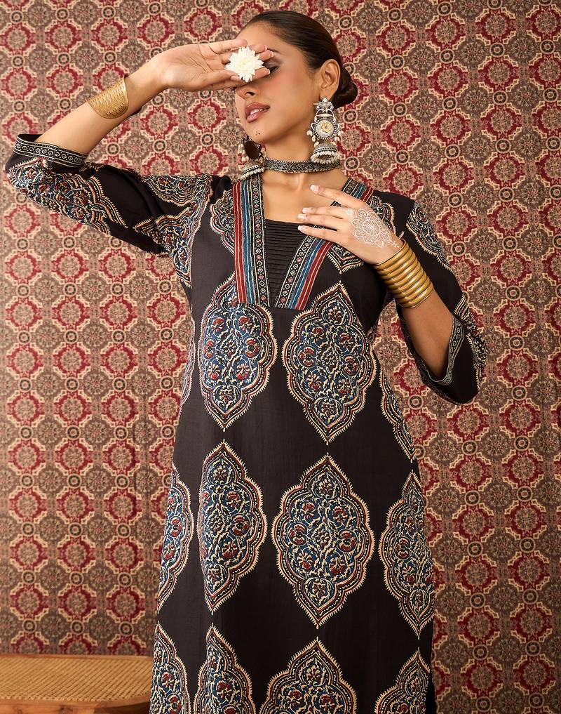 Black printed cotton kurta trouser set