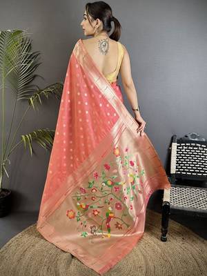 Peach floral zari tissue designer paithani saree 3
