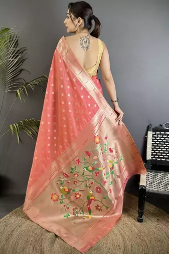 Peach floral zari tissue designer paithani saree