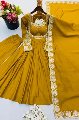 Mustard roman silk readymade anarkali suit with embroidery & sequence work
