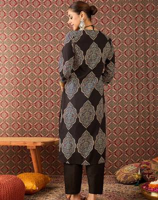 Black printed cotton kurta trouser set 2