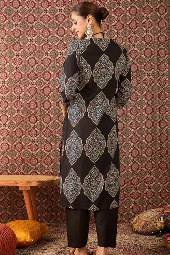Black printed cotton kurta trouser set
