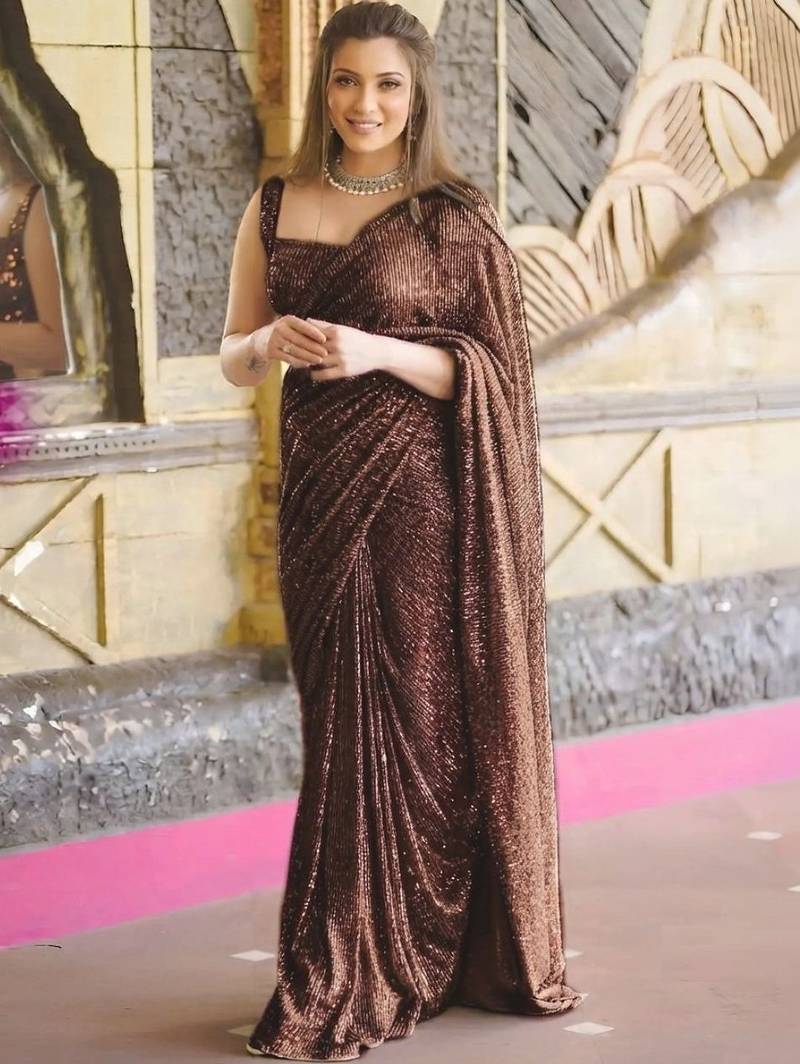 Brown sequinned poly georgette designer saree