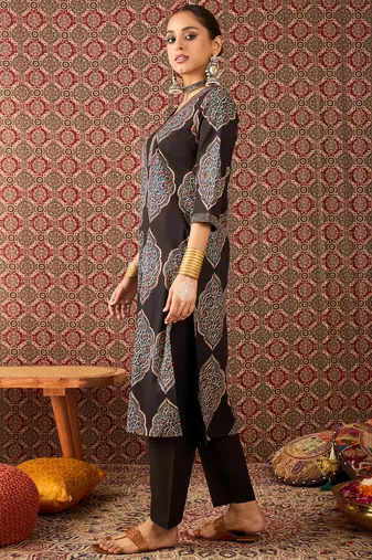 Black printed cotton kurta trouser set