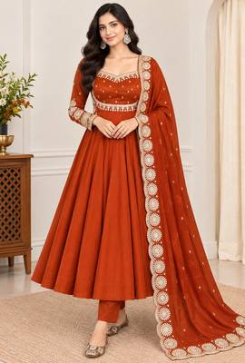 Rust roman silk readymade anarkali suit with embroidery & sequence work 1