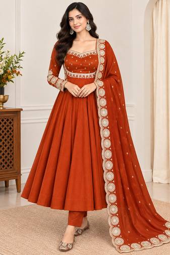 Rust roman silk readymade anarkali suit with embroidery & sequence work