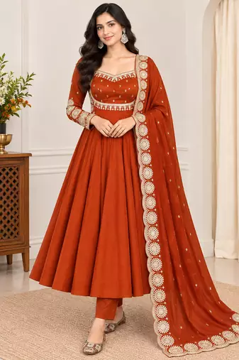 Rust roman silk readymade anarkali suit with embroidery & sequence work