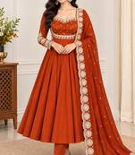Rust roman silk readymade anarkali suit with embroidery & sequence work