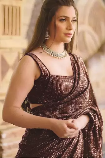 Brown sequinned poly georgette designer saree