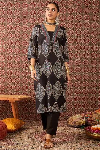 Black printed cotton kurta trouser set