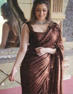 Brown sequinned poly georgette designer saree 5