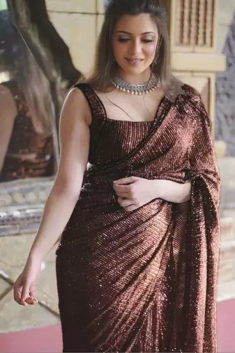 Brown sequinned poly georgette designer saree