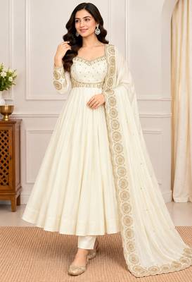 White roman silk readymade anarkali suit with embroidery & sequence work 1