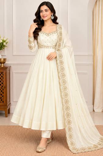 White roman silk readymade anarkali suit with embroidery & sequence work