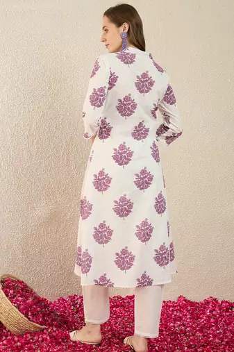 White printed cotton kurta trouser set