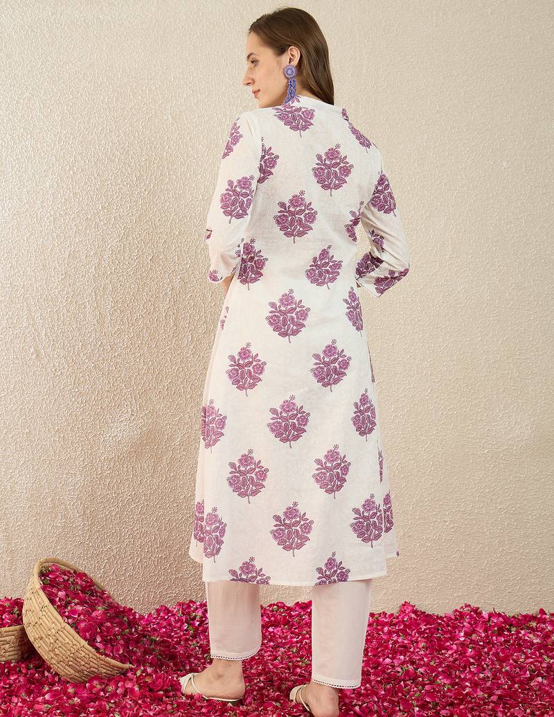 White printed cotton kurta trouser set