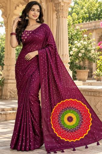 Wine color printed with all over mirror work on premium satin saree