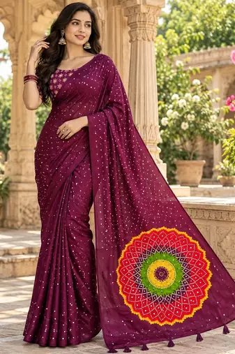 Wine color printed with all over mirror work on premium satin saree
