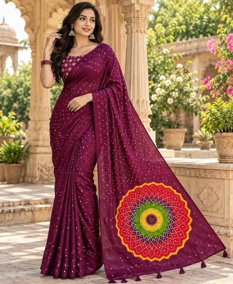 Wine color printed with all over mirror work on premium satin saree
