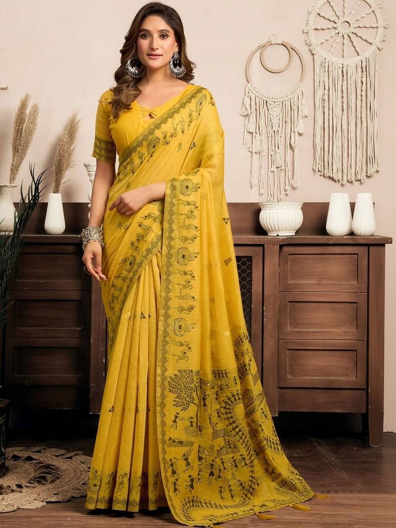 Yellow warli designer saree