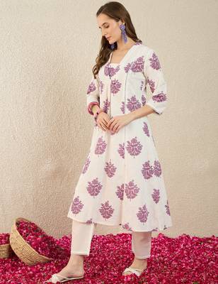 White printed cotton kurta trouser set 3