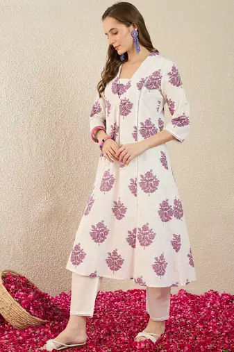 White printed cotton kurta trouser set