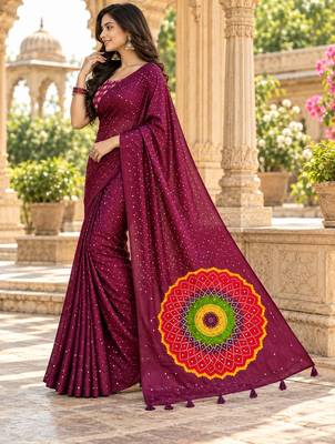 Wine color printed with all over mirror work on premium satin saree 2