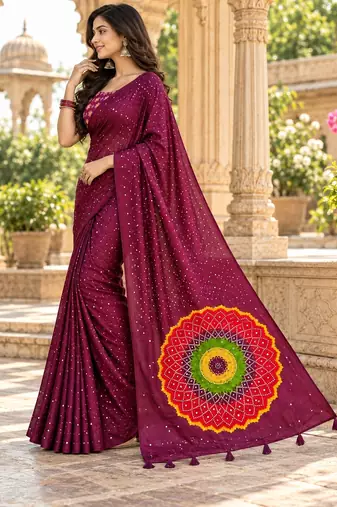 Wine color printed with all over mirror work on premium satin saree