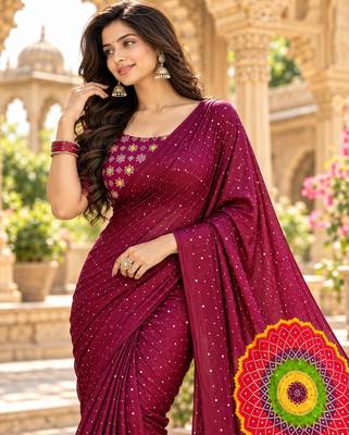 Wine color printed with all over mirror work on premium satin saree 3