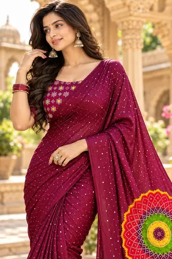 Wine color printed with all over mirror work on premium satin saree