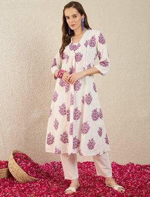White printed cotton kurta trouser set 4