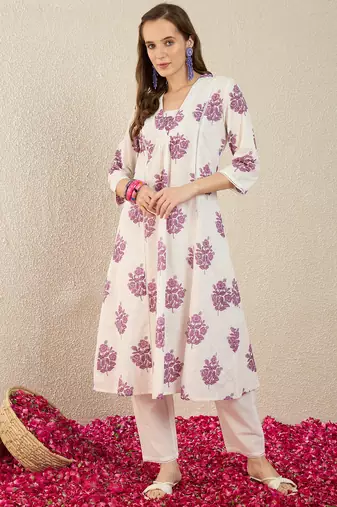 White printed cotton kurta trouser set