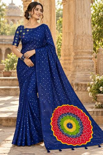 Neavy-blue color printed with all over mirror work on premium satin saree