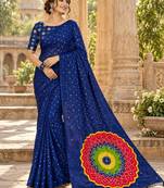 Neavy-blue color printed with all over mirror work on premium satin saree
