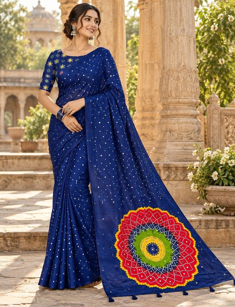 Neavy-blue color printed with all over mirror work on premium satin saree
