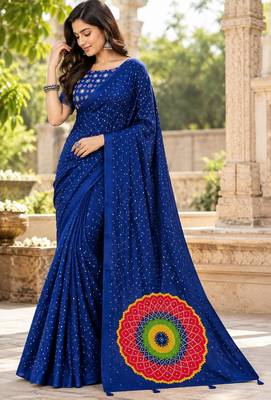 Neavy-blue color printed with all over mirror work on premium satin saree 2