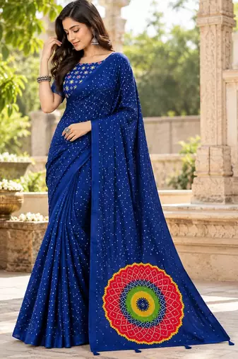 Neavy-blue color printed with all over mirror work on premium satin saree