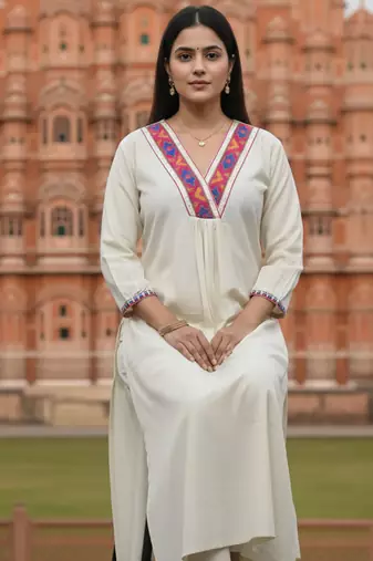 Off white printed liva kurta trouser set