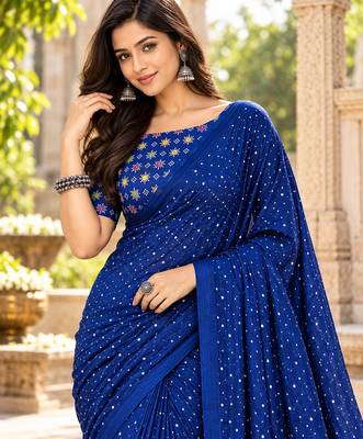 Neavy-blue color printed with all over mirror work on premium satin saree 3