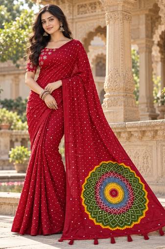 Red color printed with all over mirror work on premium satin saree