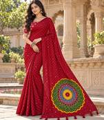 Red color printed with all over mirror work on premium satin saree