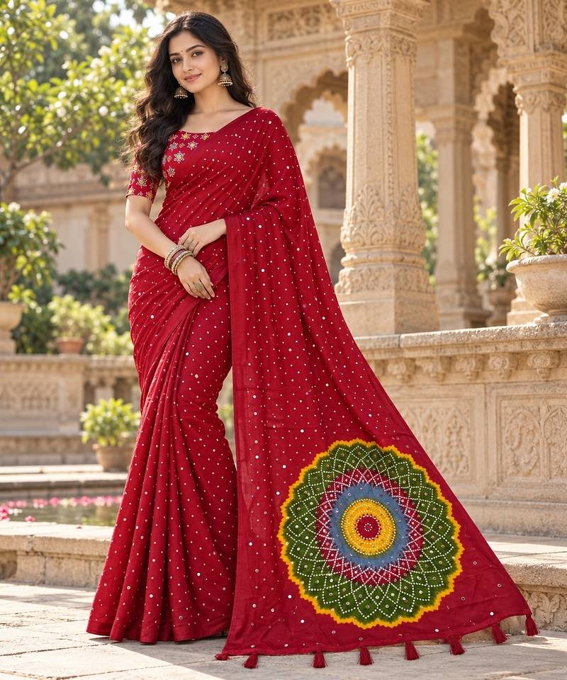 Red color printed with all over mirror work on premium satin saree