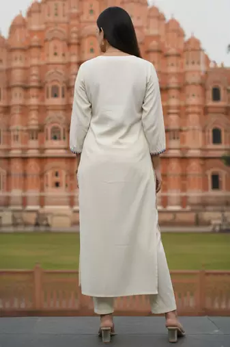 Off white printed liva kurta trouser set