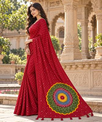 Red color printed with all over mirror work on premium satin saree 2